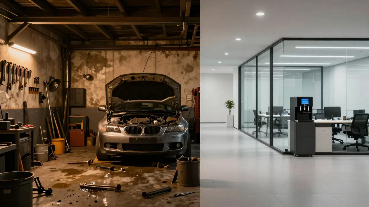 Kontrast mezi malým soukromým autoservisem a luxusním značkovým centrem.