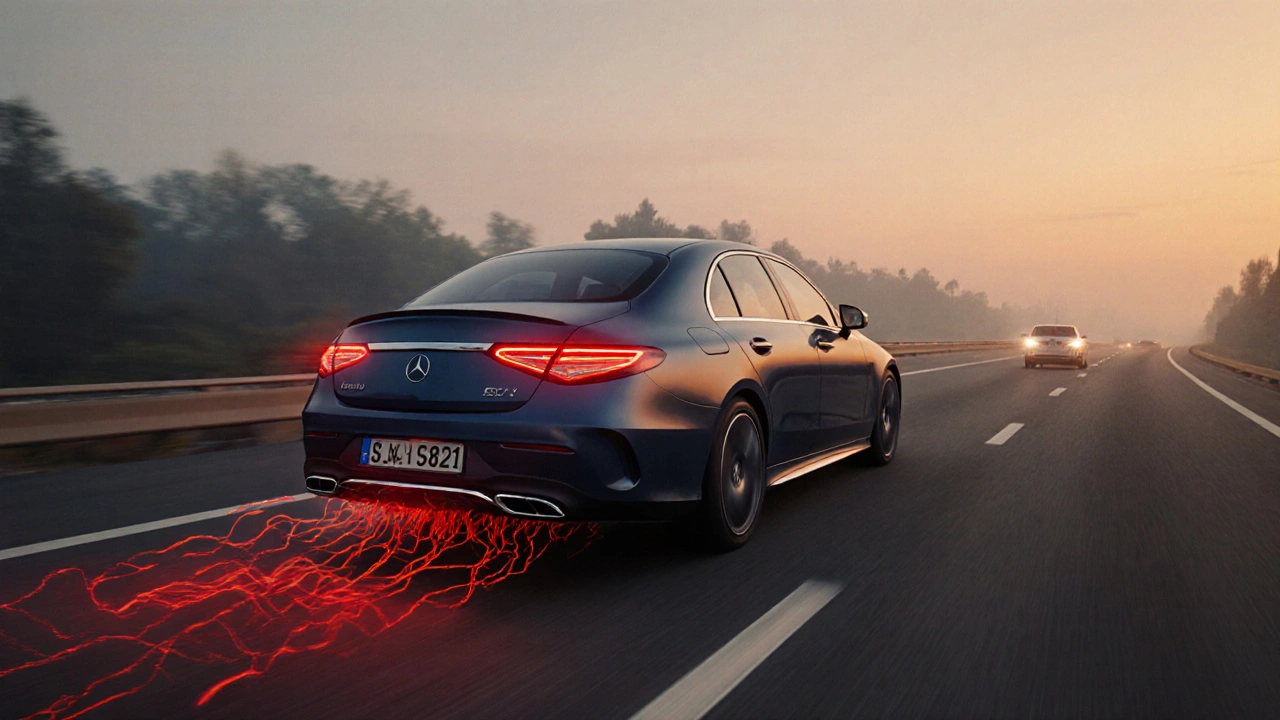 Mercedes-Benz na dálnici s příznaky ztráty výkonu při zrychlování.