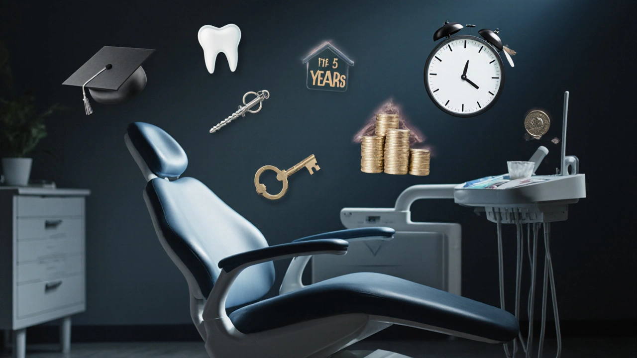 Symbolická scéna cesty zubaře od studia k finanční stabilitě.