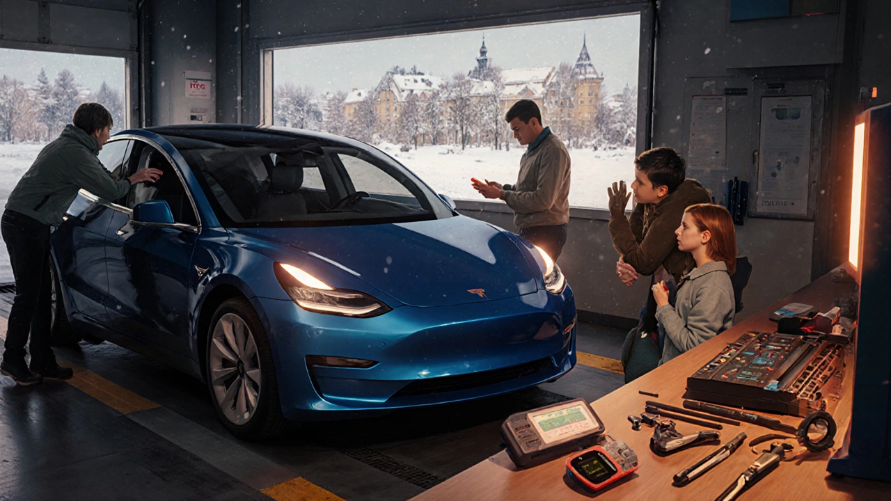 Česká rodina kontrolyuje Tesla Model 3 v českém servisním centru.