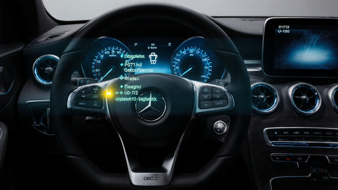 Dashboard Mercedesu s kontrolkou motoru a zobrazovanými chybovými kódy.