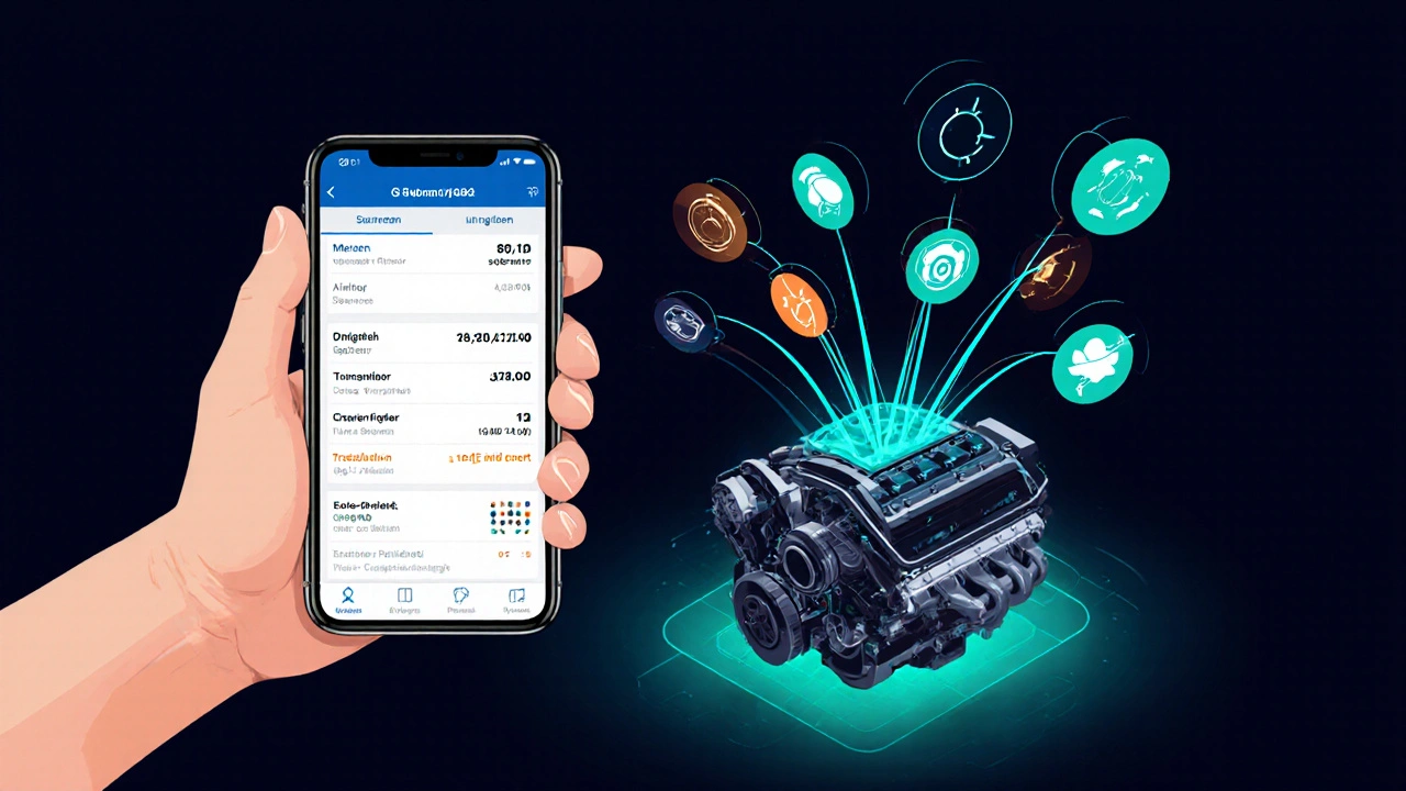 Digitální přehled dat z autodiagnostiky přes smartphone s rozhraním v češtině.