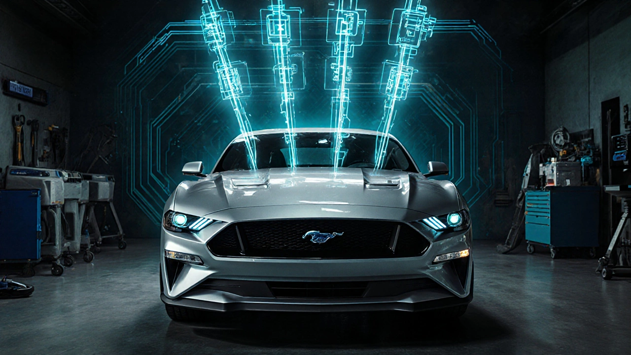 Elektrický Ford Mustang Mach-E s diagnostickými energiemi během servisu.