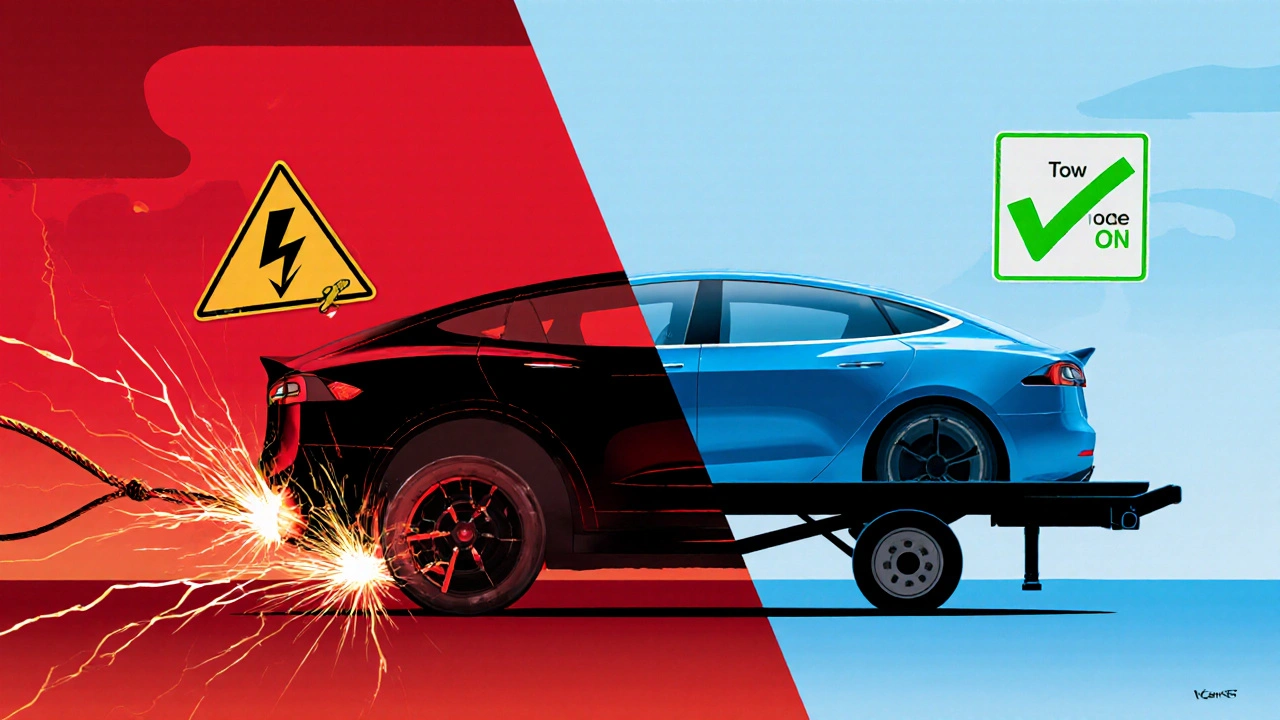 Kontrast mezi nebezpečným taháním Tesly na laně a bezpečnou přepravou na plošině