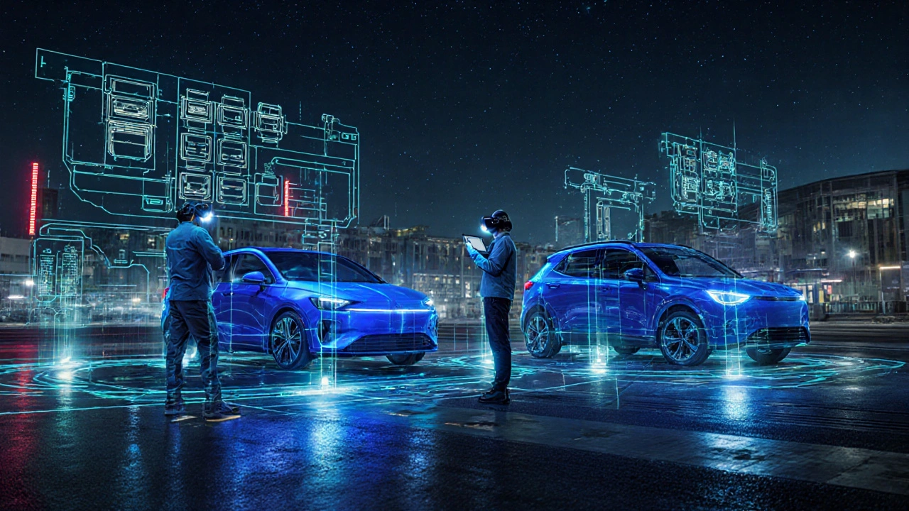 Moderní elektrické auta Opel v vývojovém centru v Rüsselsheimu při nočním testování