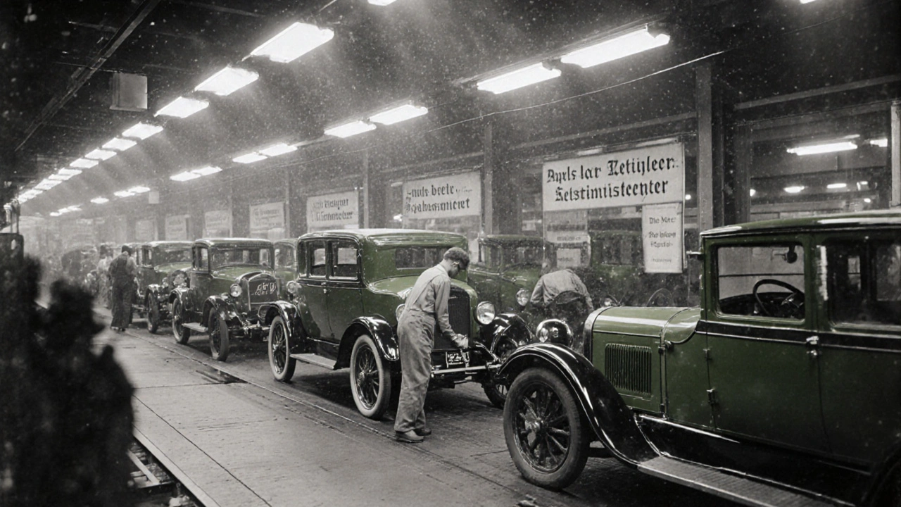 První automobil Opel Laubfrosch na pásovém výrobním systému v Německu