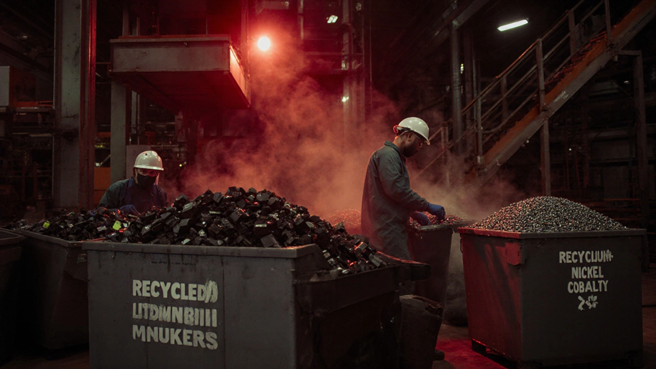 Recyklační centrum s bateriemi Tesla a pracovníky v ochranném oblečení.