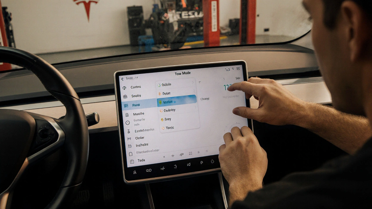 Technik zapíná režim Tow Mode na dotykové obrazovce Tesly