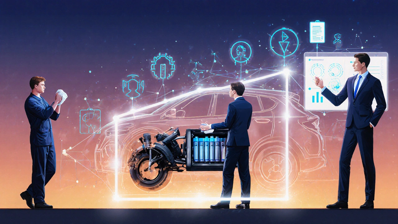 Vývoj kariéry mechanika: začátečník, středně pokročilý a vedoucí technik v jedné scéně.