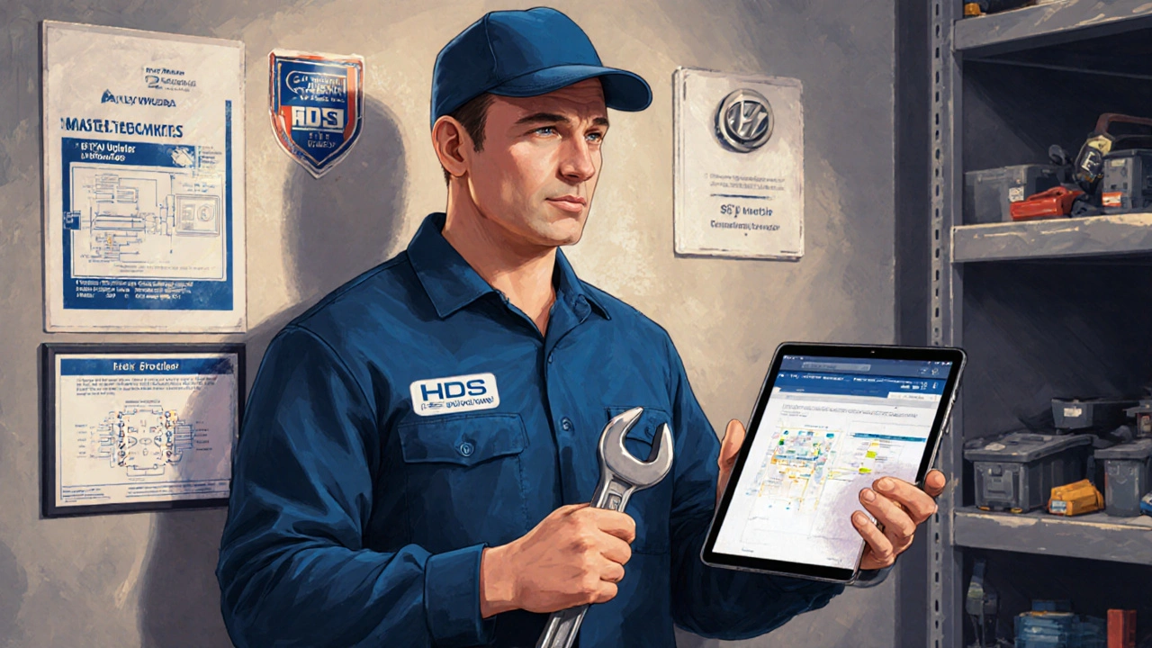 Zkušený technik s certifikáty Hyundai u stěny plné osvědčení a diagnostických schémat.