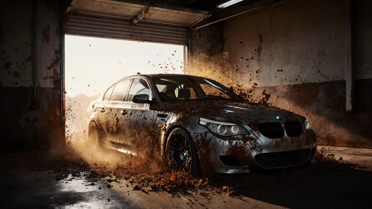 BMW E90 vystupující z rezavého popela, symbolizující obnovu auta po opravě koroze.