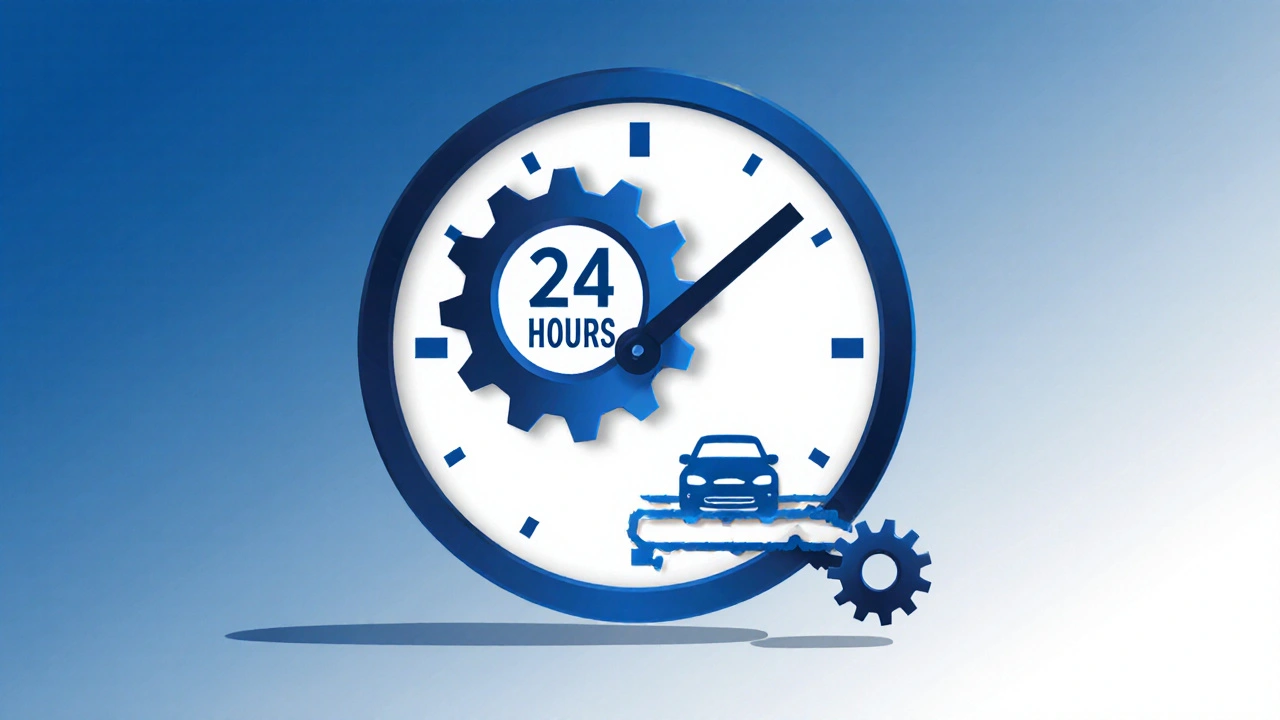 Časový mechanismus s autodíly ukazuje, že po 24 hodinách servisu připadá náhradní auto.