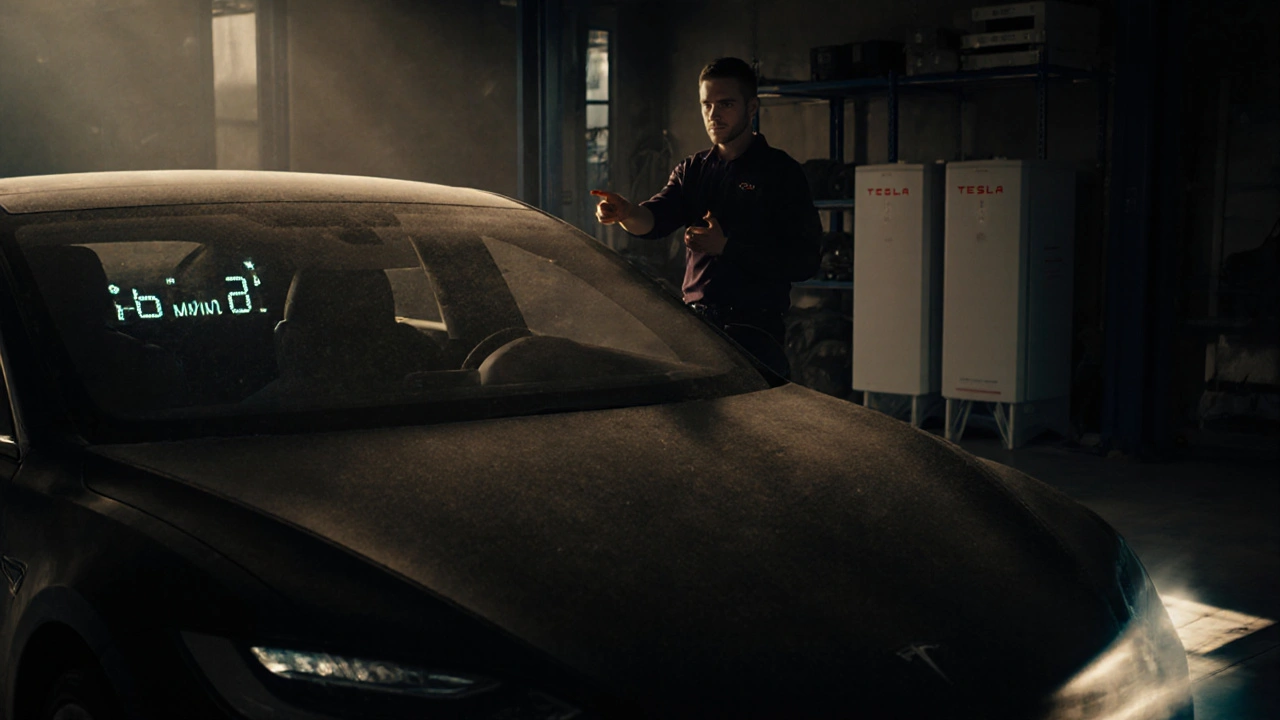 Demonstrační Tesla v servisním centru v Brně s viditelným tachometrem 800 km.