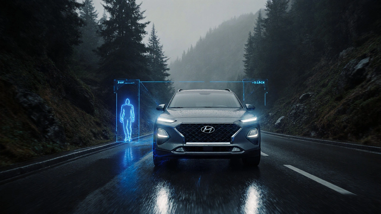 Hyundai Tucson v úzké uličce v noci s technologií vidění za rohem, zobrazené jako modré čáry.