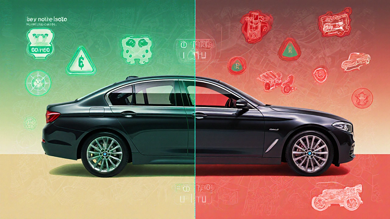Ilustrace BMW 5 Series ve dvou stavech: 6leté s nízkými náklady a 9leté s vysokými opravami.