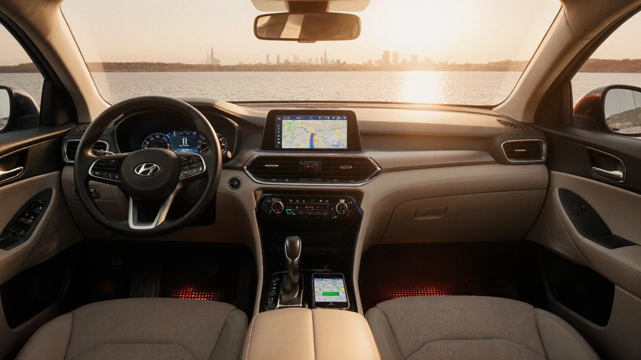 Interiér Hyundai Tucson s kůžovými sedačkami, digitálním displejem a kvalitním zvukovým systémem.