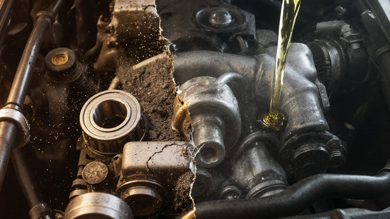 Konceptuální obrázek poškozeného motoru s rozpadajícími se ložisky a tající turbínou.