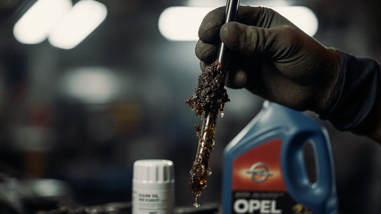 Mechanik vytahuje špinavou měřicí tyčku z motoru, vedle ní čistý olej a filtr.