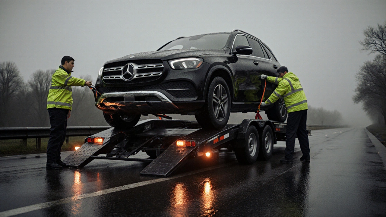 Mercedes 4MATIC na speciálním přívěsu s odborníky při bezpečném naložení.