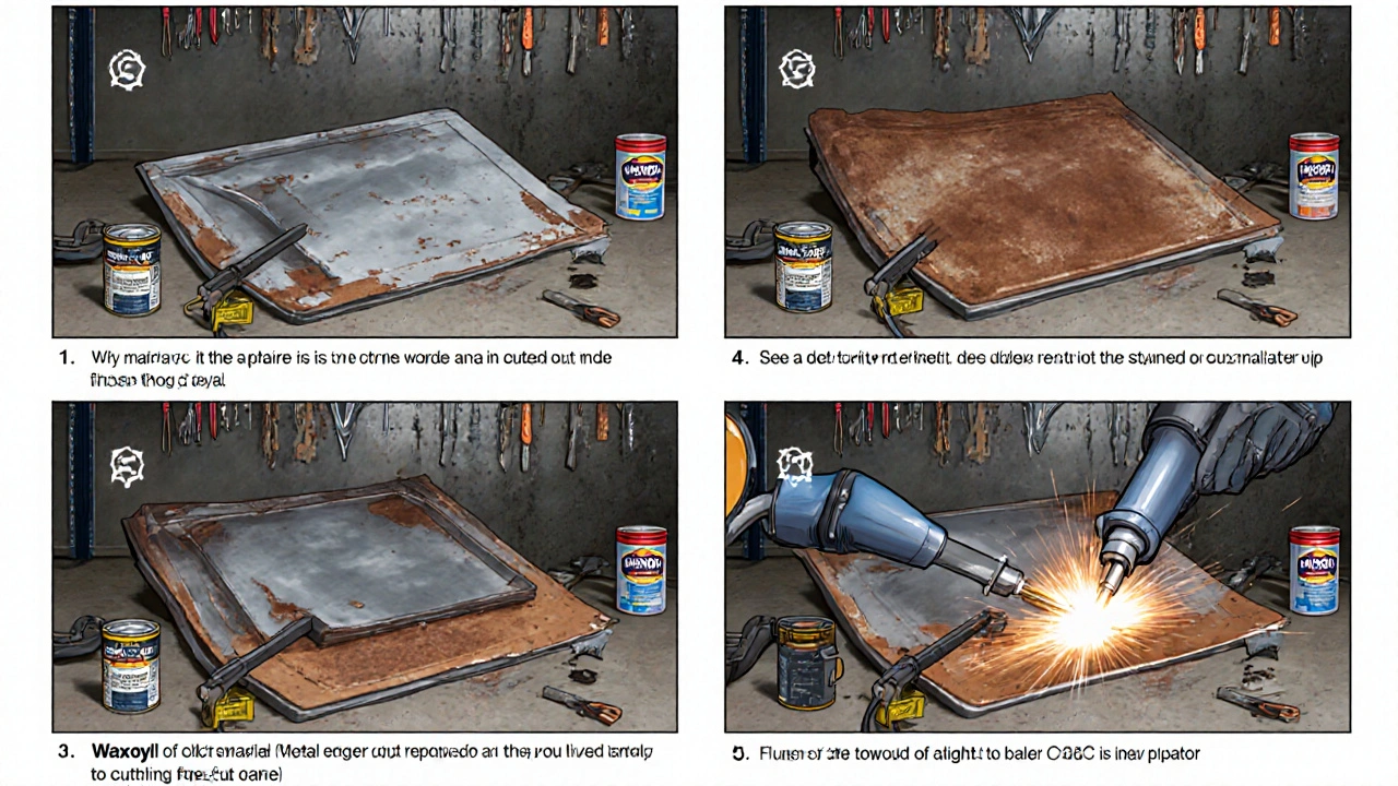 Oprava podlahy BMW E46: odřezávání rezavého plechu a svařování nového kusu kovu.