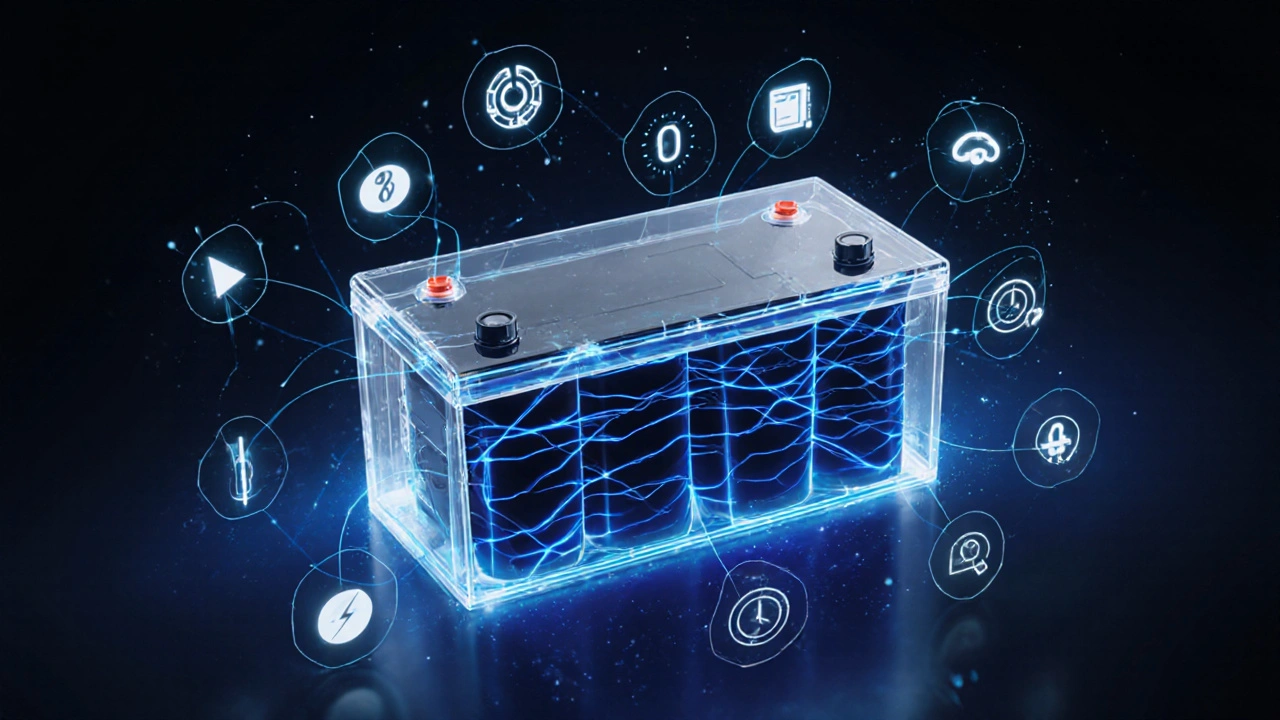 Průhledný obrázek baterie Tesly s energií a technickými prvky, symbolizující její obnovu.