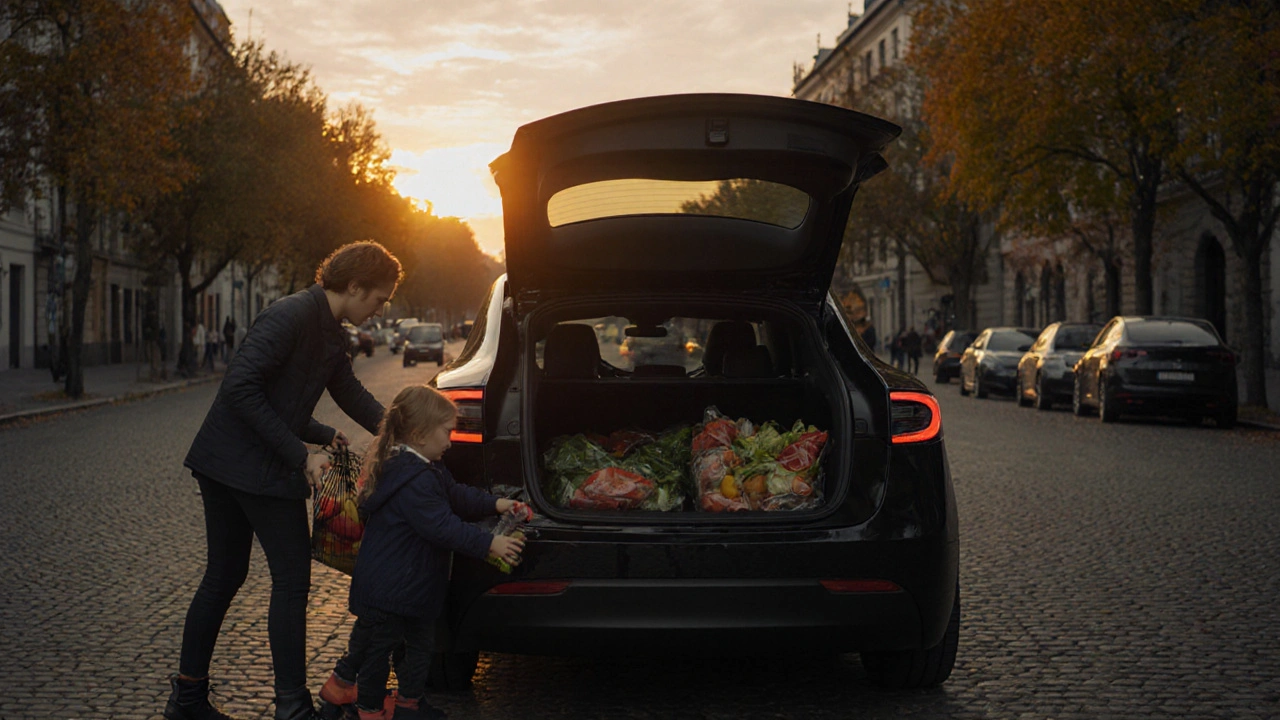 Rodina naloží nákup do zeleného Tesla Model Y v českém městě při západu slunce.