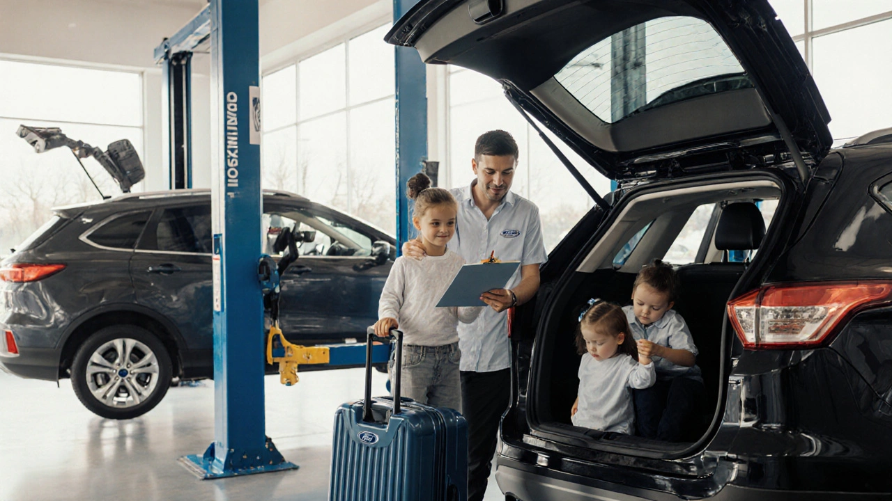 Rodina naloží zavazadla do náhradního auta Ford Focus v servisu Ford.