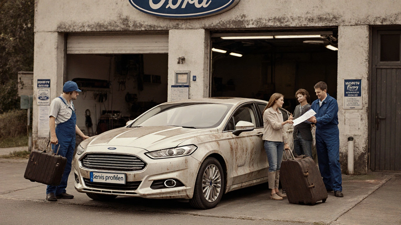 Rodina s vozidlem Ford Mondeo z roku 2015 přijímá servisní účtenku od mechanika v garáži.