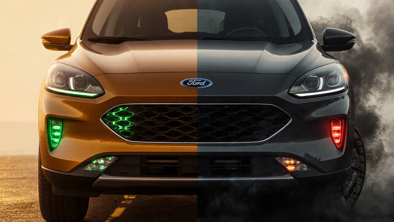 Rozdělený obrázek Ford Kuga: jedna strana zdravá a servisovaná, druhá poškozená kvůli zanedbání DPF filtru.