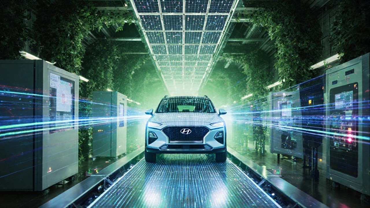 Budoucí elektrická linka s elektromobilem Hyundai Tucson a zelenou energií.