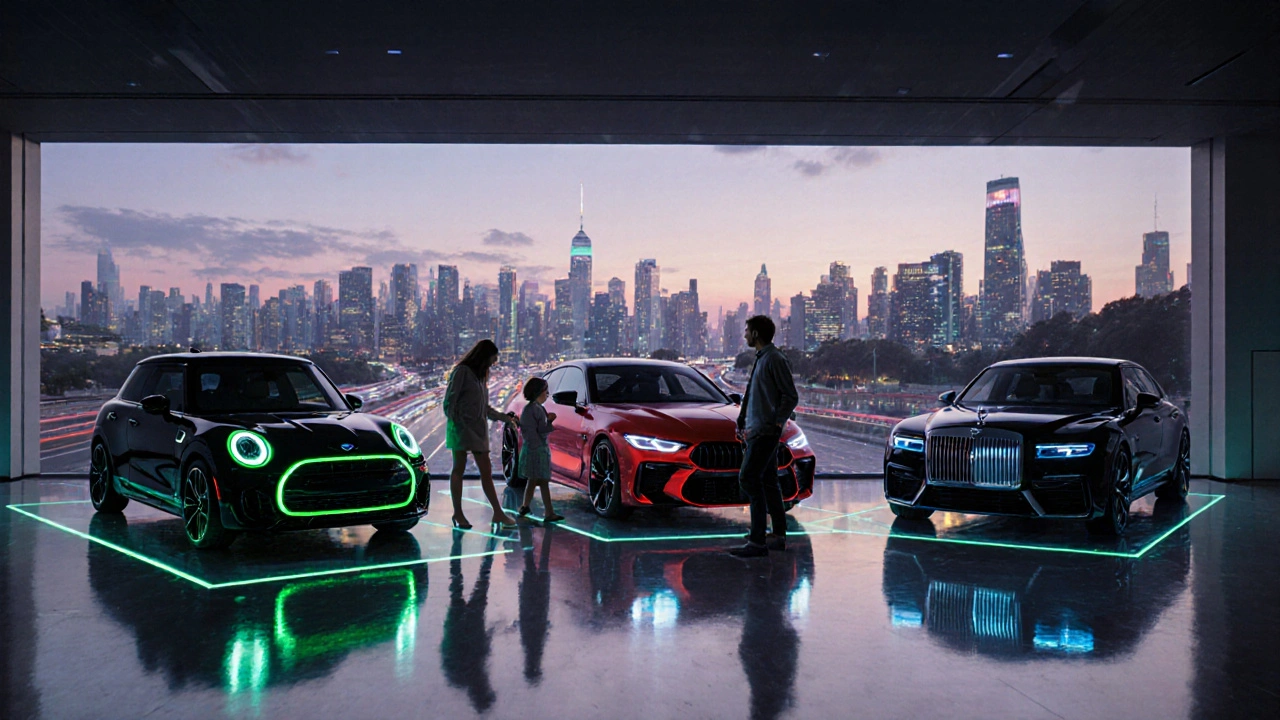 Budoucí výběr vozidla v digitální showroome s elektrickými modely.