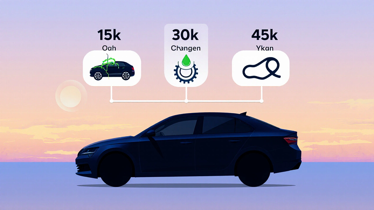 Časová osa servisních prohlídek Škody s klíčovými údržbářskými kroky.