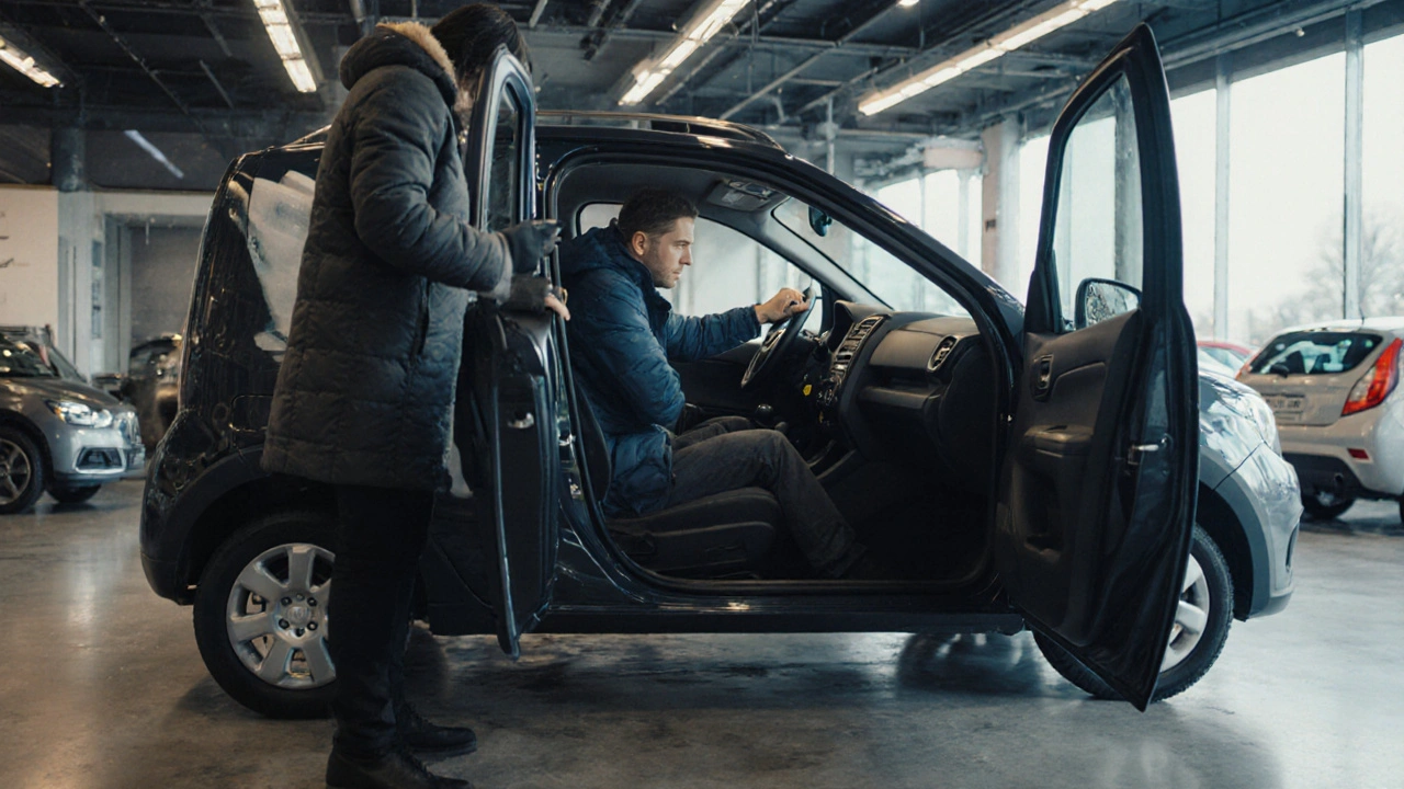 Český kupující prohlíží ojetý Dacia Sandero v autosalonu.