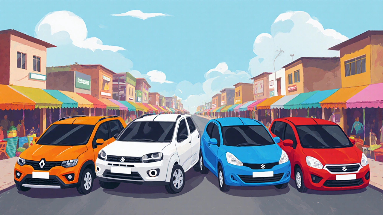Čtyři levné modely – Kwid, Sandero, Alto, QQ – na tržišti v jasném slunci.