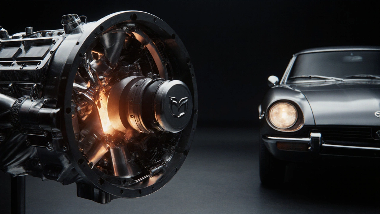 Detailní záběr na vnitřek rotačního motoru s trojúhelníkovým rotorem a Mazda Cosmo.