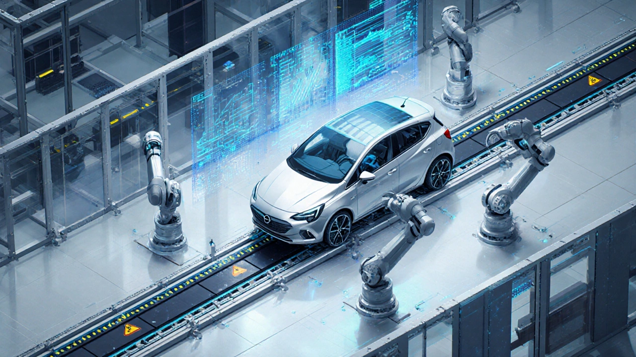 Digitální ilustrace automatizované výrobní linky Opelu v Gliwicích, kde roboty montují model Corsa.
