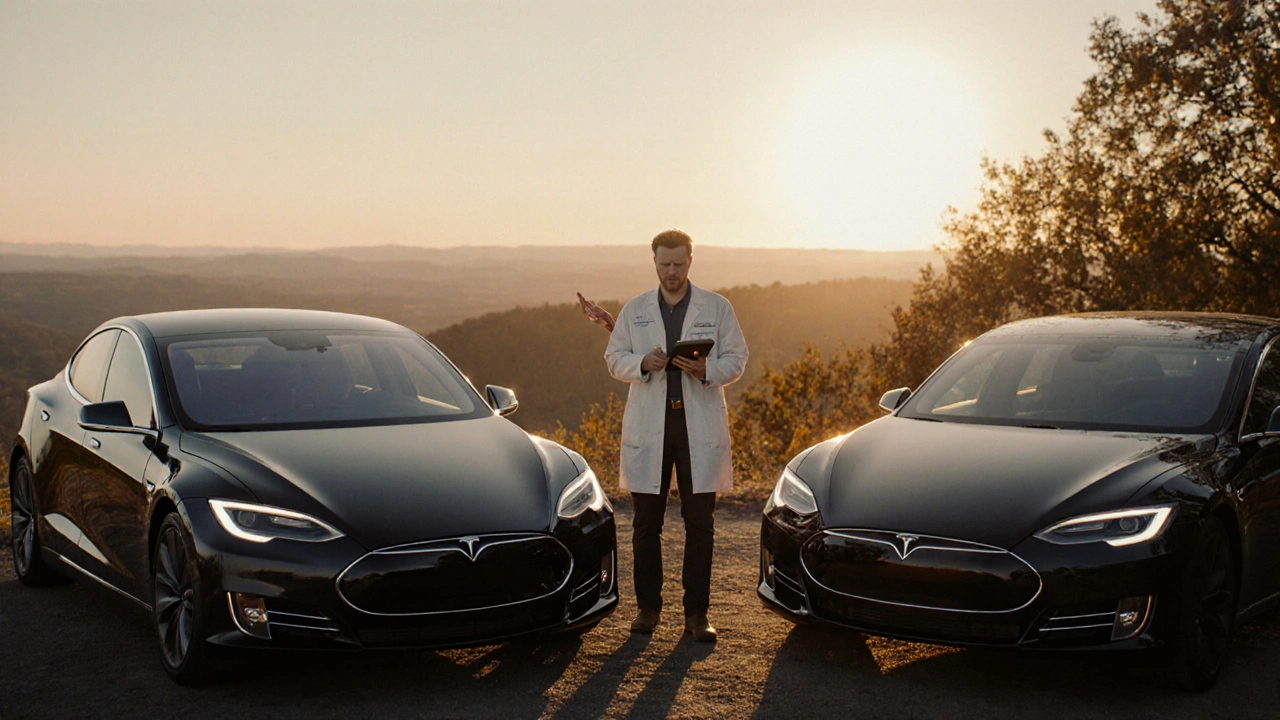 Dvě dobře udržované auta u výhledu, mechanik provádí kontrolu.