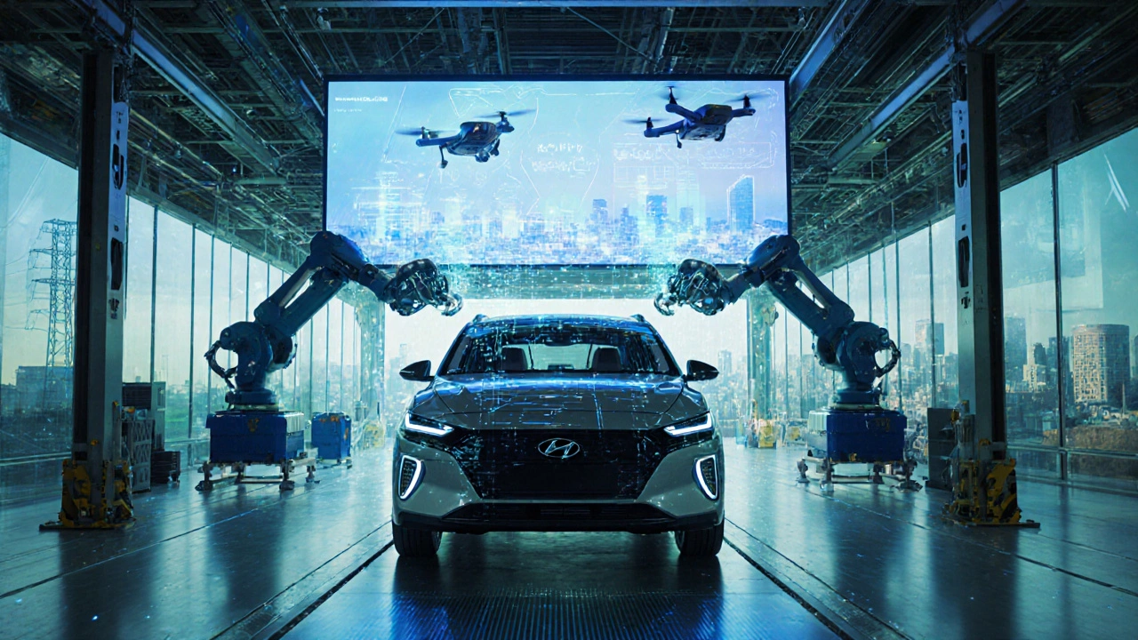 Futuristická inteligentní továrna montující elektrické vozy Hyundai.