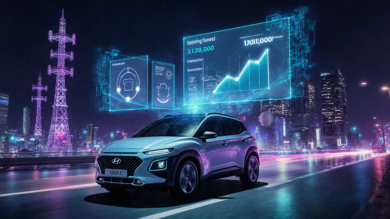 Hyundai elektrický vůz v neonovém městě s AI asistentem a 5G signály.