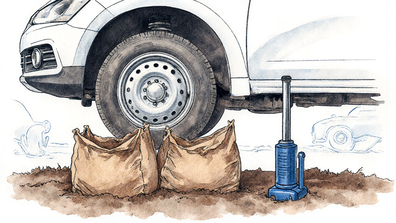 Ilustrace, jak jsou pod kolo umístěny bagy a zvedák zvedá auto.