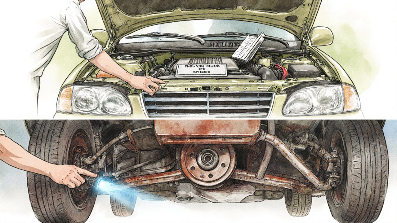 Ilustrace ukazuje kontrolu motoru, VIN štítku, servisní knihy a podvozku pod vozidlem.