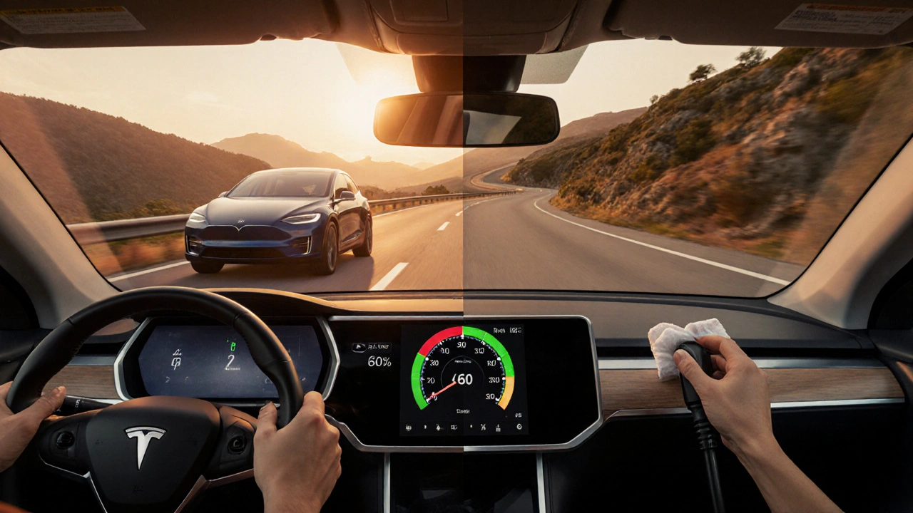 Jezdec hladce řídí Teslu i benzínové auto, ukazuje nabíjení a čistý filtr.