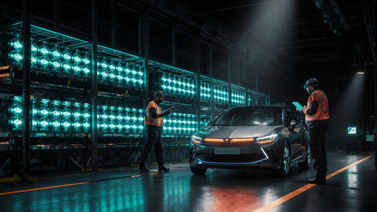 Koncepční obraz nových bateriových modulů a elektrického Opel Astra v moderní továrně se světelnými efekty.