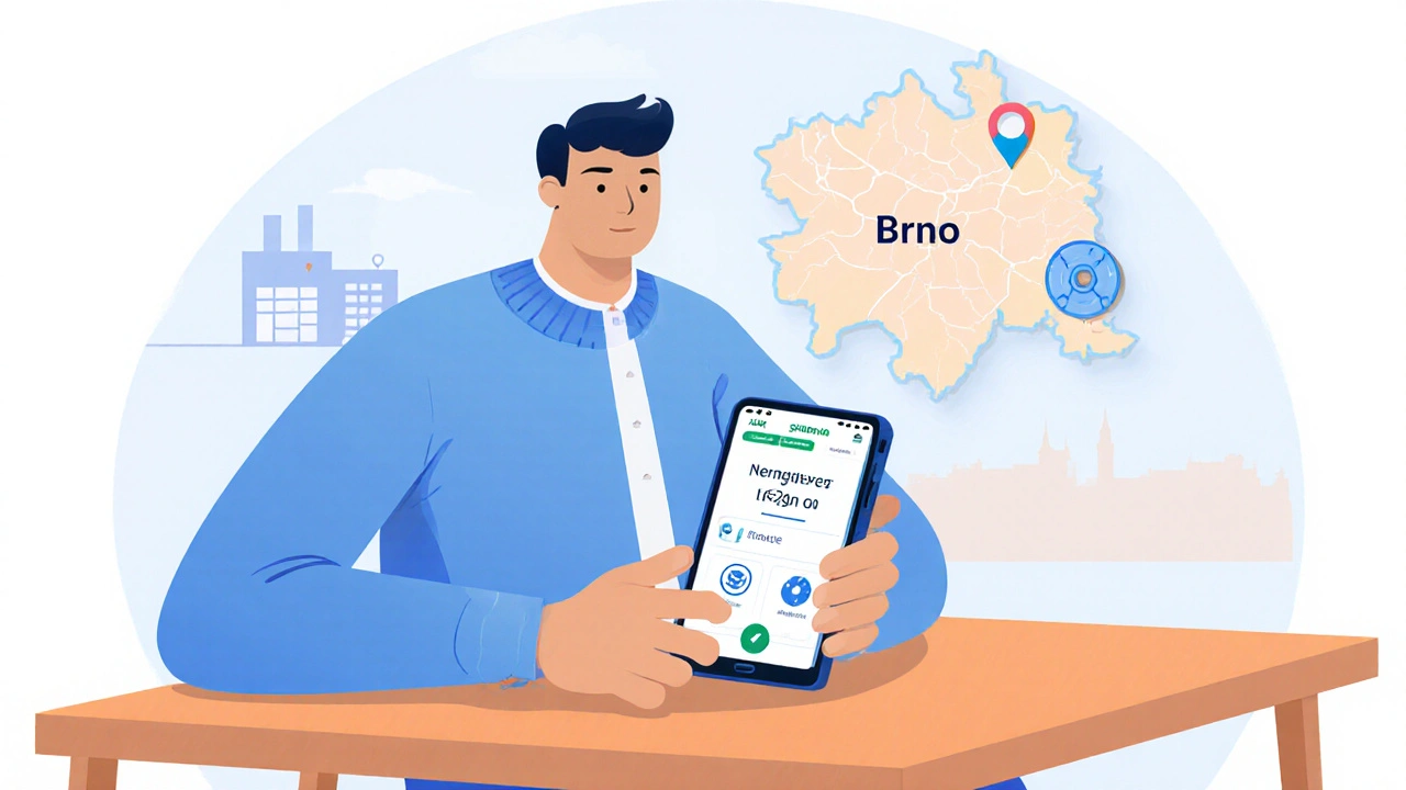 Majitel používá aplikaci Škoda Connect na telefonu, připomíná termín servisu s ikonami oleje a brzd.