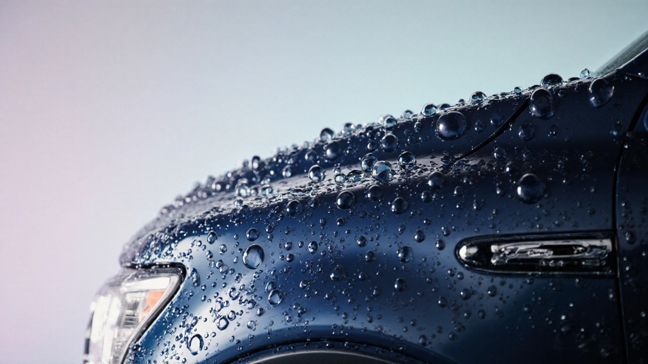 Makro záběr lesklého laku Fordu s vodními kapkami a ochranným voskem.