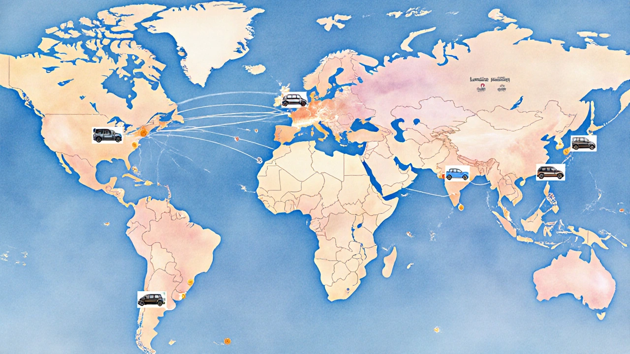 Mapa světa s vyznačenými výrobními závody Hyundai.
