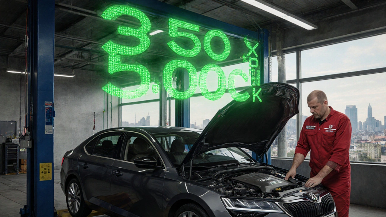 Mechanik kontroluje motor Superb, nad ním se zobrazují cenové rozmezí 3500‑5000 Kč v Brně.