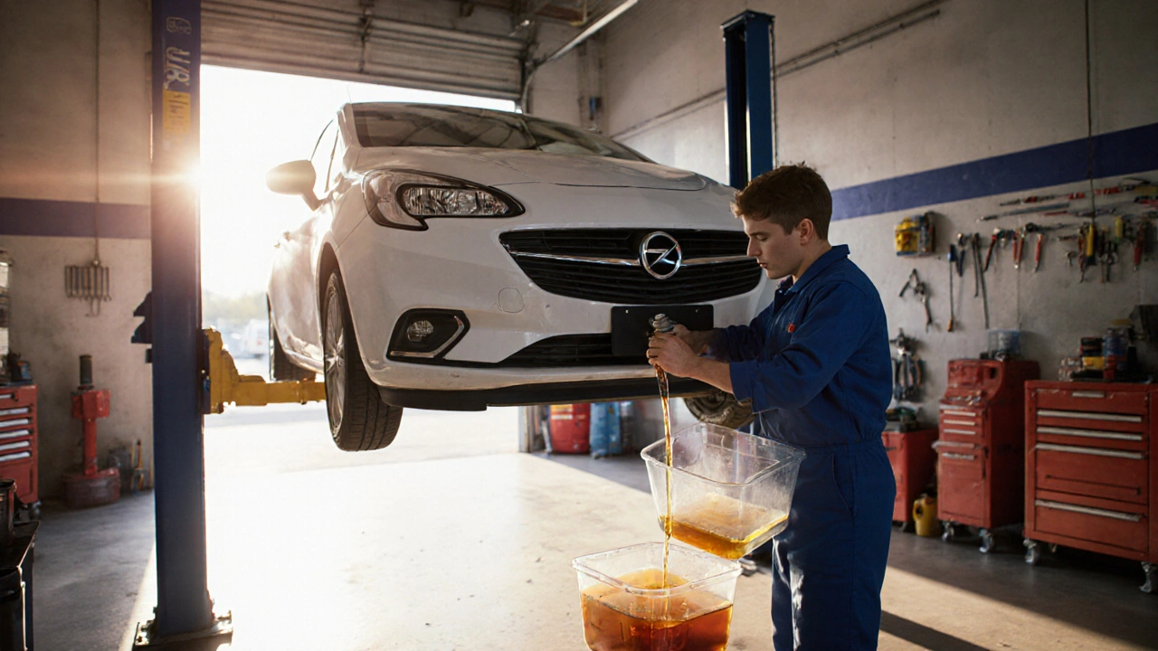 Mechanik mění olej v Opel Corsa, čerstvý olej teče do odkapávače.