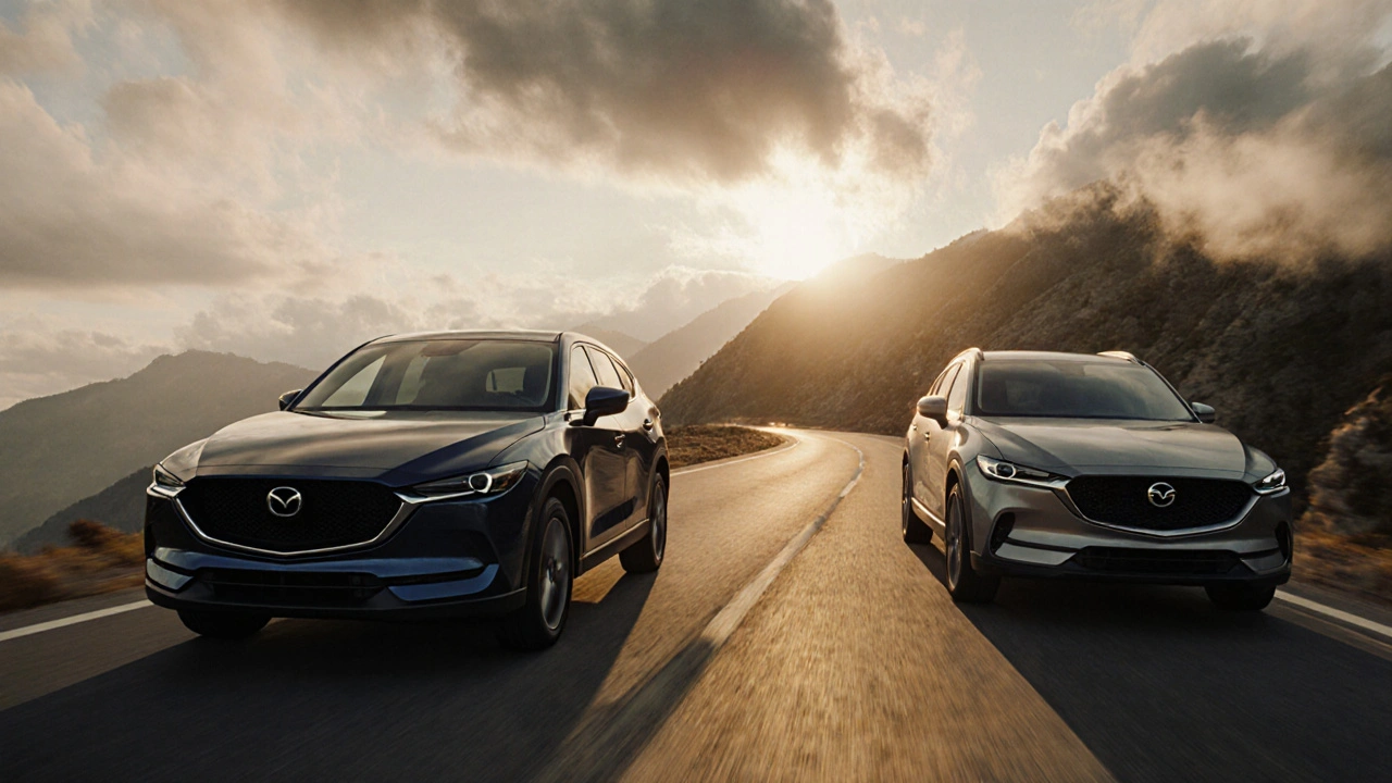 Moderní Mazda CX‑5 a Opel Grandland X jedou po horské silnici při západu slunce.