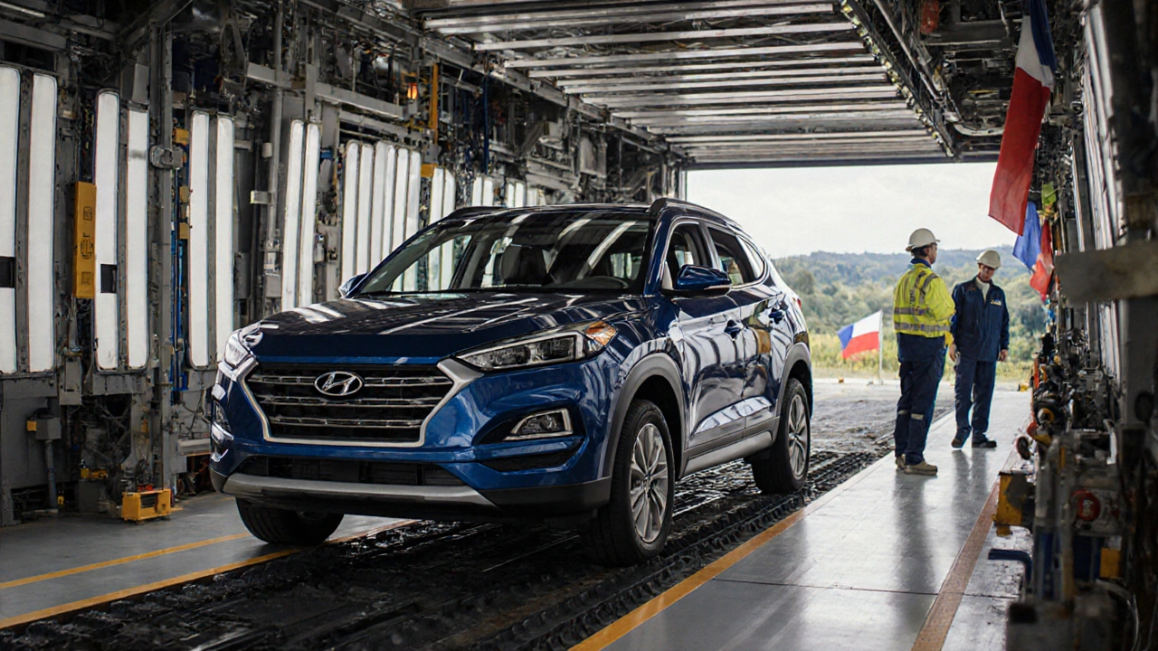 Montážní linka v Nošovicích – část hotového Hyundai Tucson a pracovníci.